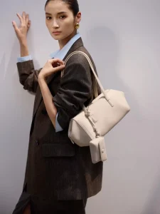 Pebbled Leather East West Tote Bag Leather Supplier Premium Elongated Barrel Shoulder Purse