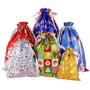 Personalised Printed Logo Large Plastic Foil Santa Christmas Ornaments Gift Goodie Wrapping Drawstring Bag with Ribbon Tie