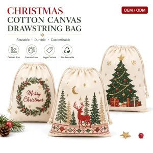 Personalized Custom Logo Sublimation Packaging Cotton Pouch Bags Christmas Santa Pattern Dust Canvas Drawstring Bags