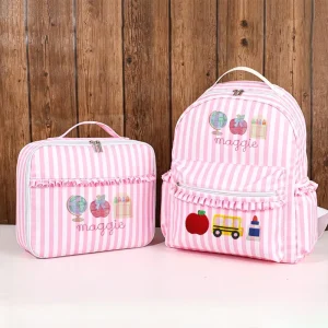 Personalized Girl Large School Custom Ruffle School Backpack Lunch Bag Nylon Strip Bookbag