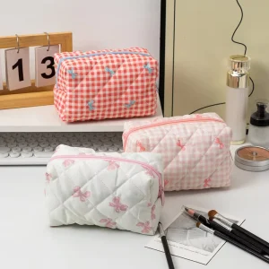 Pink Checkered Bow Large Capacity Handheld Cosmetics Tool Organizer Portable Small Fresh Makeup Storage