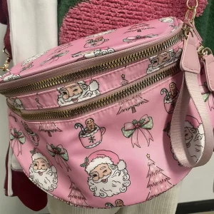 Pink Christmas Theme Nylon Crossbody Bum Bags for Women Double Zipper Shoulder Bag Fashion Trendy Fanny Pack