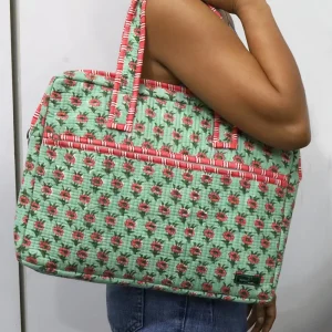 Pink Floral Print Quilted Cotton Handbag Stylish Casual Shoulder Bag for Daily Use
