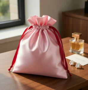 Pink Satin Drawstring Pouch Polyester Fabric Custom Logo for Cosmetic and Gift Packaging
