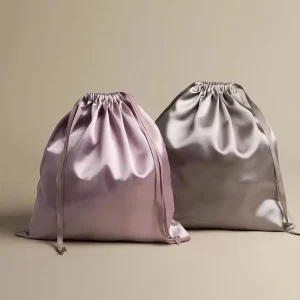 Pink and Grey Satin Drawstring Dust Bag Polyester Fabric Custom Logo for Handbag and Shoe Storage