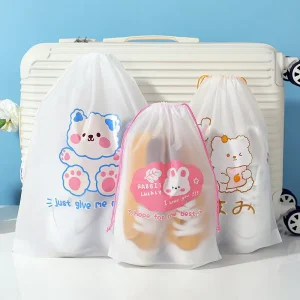 Plastic Frosted Transparent Drawstring Bag One Side Transparent Clear Kids Drawstring Pouch With Logo Printed Custom