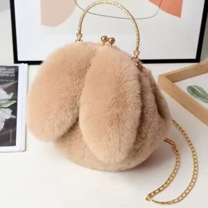 Plush Shoulder Bag Women’s Portable Messenger Bag Chain Mobile Phone Bag Small Rabbit Ear Clip Zipper Closure