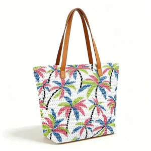 Polyester Straw Bag Shoulder Crossbody Knitted Tote with Drawstring Buckle Palm Tree Pattern