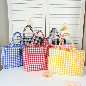 Portable Cotton Fabric Lunch Bag Tote Japanese Style Plaid Design Soft Open Ended Closure for Mothers Students