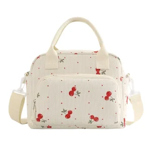 Portable Cute Cherry Pattern Corduroy Cooler Bag Leopard Keep Cool Insulated Bento Box Lunch Bag For Student Worker