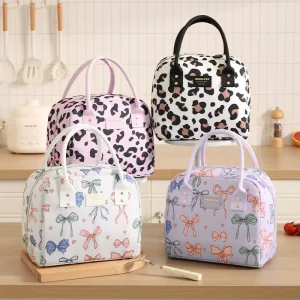 Portable Insulated Durable Polyester Printed Lunch Bag with Zipper Closure Fashionable Large-capacity for Outdoor Use