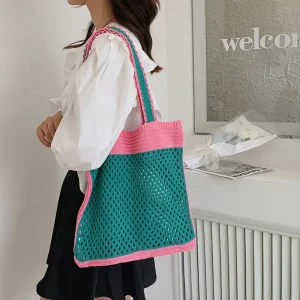 Portable Large Capacity Crochet Beach Bag Women’s Vintage Fashion Shoulder Bag Mesh Hollow Design Spring Summer Lady