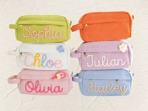 Portable Toiletry Organizer Wash Bag Personalized Embroidered Seersucker Cosmetic Bag for Travel
