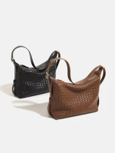Portable Woven PU Shoulder Bag Open Closure Polyester Lining Lady Fashion Large-capacity Braided Daily Use Soft Spring-Friendly