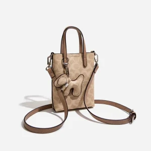Printed Handbag with Dog Pendant Small Crossbody Bag Compact Top Handle Shoulder Bag for Office Ladies
