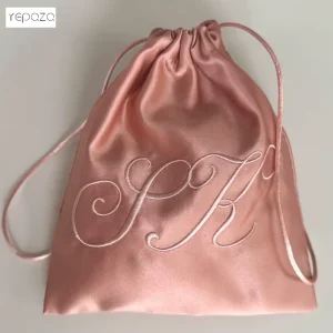 Promotional Soft Custom logo Monogram Embroidery Pink Color Drawstring Storage Pouches Reusable Satin Dust Bags