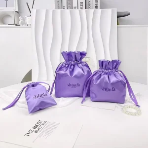 Purple Customized Logo Silk Screening Printed Strip Gift Packing Shiny Satin Drawstring Dust Bag for Cosmetic Accessories