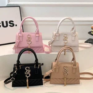 Quilted PU Leather Top Handle Bag for Women Small Square Crossbody Purse with Tassel and Metal Logo Trendy Commute Handbag