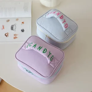 Quilted Soft Handle Puffy Cosmetic Bag Cute Pink Blue Yellow Color Portable Tote Makeup Cosmetic Bag for Women