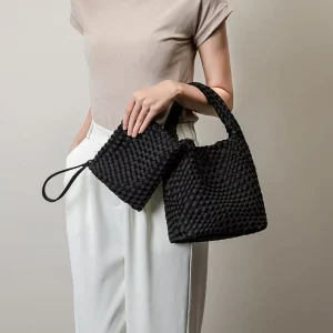RTS Neoprene Weave Tote for Women Crossbody Woven Bag Lady Handbag for Outdoor Trendy Bucket Bag Top handle Hobo Bag with Purse