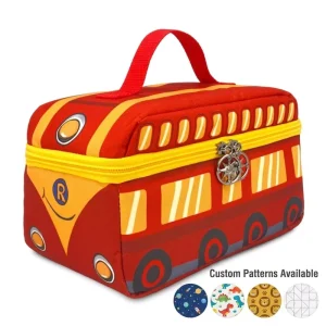 Ready to Ship Custom Pattern Insulated Lunch Bag Red Bus Thermal Cooler Bag for Kids Boys Girls School Lunch Box with Logo