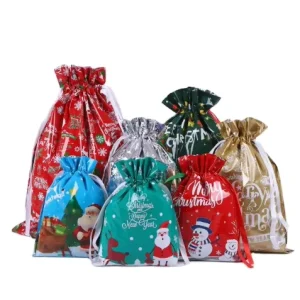 Recyclable Christmas PE Drawstring Bags with Offset Printing for Candy Gift Packaging Decorations