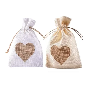 Recyclable Linen Drawstring Gift Bag Heart Shape Design Stamping for Valentine’s Day Wedding Easter Christmas Candy Bag