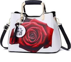 Red Rose Women Handbag PU Leather Tote Gold Handle Shoulder Strap Floral Purse Gift Bags