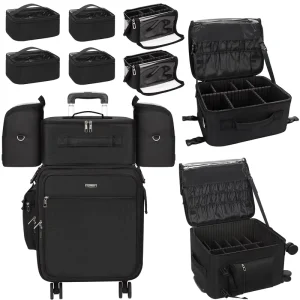 Relavel Professional Rolling Black Nylon Cosmetic Cases 4 in 1 Makeup Train Case Travel Cosmetic Bags for Makeup Artist