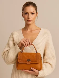 Retro Brown Diamond Embossed Top Layer Cowhide Waterproof Two Soft Handles Cover Closure Saddle Shape Designer Handbag
