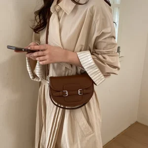 Retro Buckle Saddle Bag Small PU Leather Shoulder Bag Trendy Mini Handbag for Work Dating