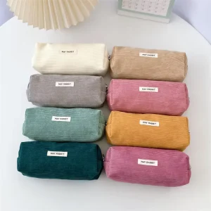 Retro Corduroy Solid Color Durable Pencil Case Simple Large Capacity Student School Office Use Portable Makeup Bag