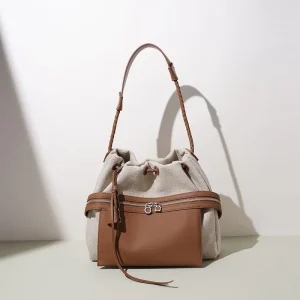 Retro Flax Woven Crossbody Purse with Top Grain Cowhide Double Zipper Pocket Casual Chic Lady Large Shopping Basket Bag Low MOQ