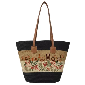 Retro Large Capacity Straw Bag Zipper Polyester Seaside Vacations Travel Hand-woven Printed Patterns