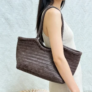 Retro Leather High Quality Weave Vegetable Basket Women’s Bag Large Capacity Woven Shoulder Bag with Braided Handles
