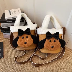 Retro Plush Bucket Tote Bag Unique Design Vintage Plush Zip Handbag Women’s Single Cartoon Shoulder Crossbody Bag