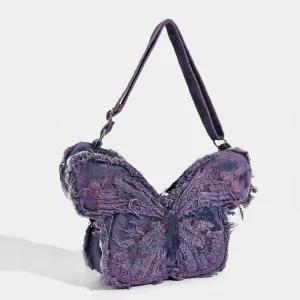 Retro Punk Indie Style Purple Tie Dye Distressed Denim Butterfly Design Frayed Edge Shoulder Bag