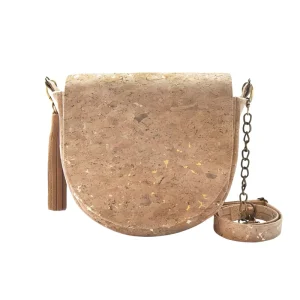 Saddle Cork Bag with Gold Pattern & Chain Strap Tassel Golden Grainy Crossbody Bag Custom Logo OEM