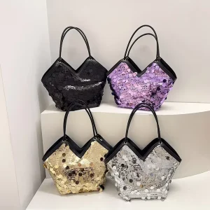 Sequin Zipper Urban Simplicity Tote Bag for Women Niche Trend Bucket Shoulder Versatile Large Handbag