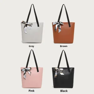Simple Elegant Women’s Handbag Large Capacity Tote Bag Silk Scarf Decorated Solid Color Two Straps Shopping Bag Polyester Lining