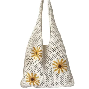 Simple Fashion Large Volume Women’s Shoulder Bag Casual Woven Hollow Underarm Tote with Embroidered Knitted Design