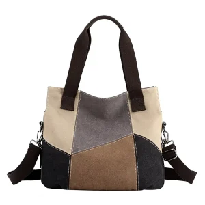 Simple Fashion Women’s Contrast Canvas Bag Single Strap Large Capacity Retro Color Stitching Business Commute Zipper Shoulder