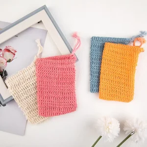 Sisal Soap Saver Bag with Drawstring Plastic Free Soap Saver Bags Reusable Natural Bubble Exfoliating Pouch for Bath and Shower
