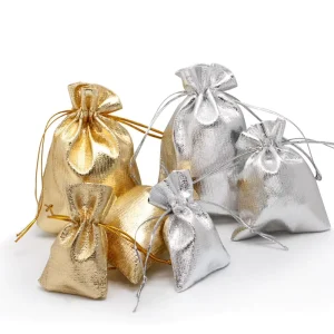 Small Gold and Silver Metallic Drawstring Dust Bag for Jewelry Gift Wedding Candy Packing