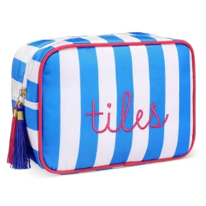 Small Mahjong Tiles Carry Pouch Stripe Polyester Bag with Embroidery Tassel Zipper Multifunctional Makeup Toiletry Storage Bag
