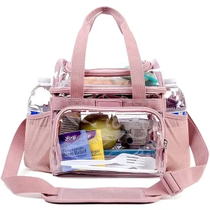 Small Size Clear PVC Lunch Tote Bag for Kids Girls Custom Logo Pink with Zipper Closure and PEVA Lining