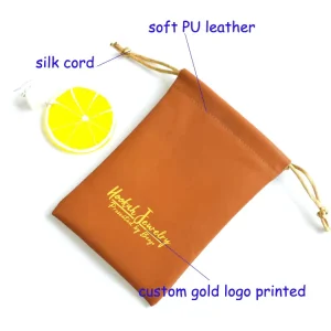 Small Tan PU Leather Jewelry Bangle Earrings Drawstring Pouch Bag with Custom Gold Logo