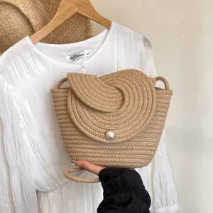 Small Women’s Linen Crossbody Shoulder Bag with Woven Straw Design Single Strap Street Fashion Style for Leisure Travel