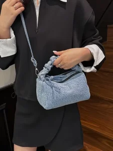 Small square Bag Made of Niche Denim Fabric Versatile Texture Pleated Embroidery Thread Single Shoulder Crossbody Bag