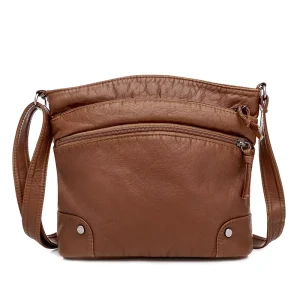 Soft Leather Crossbody Bag Women Vintage Multi-Zipper Shoulder Bag with Adjustable Strap Casual Daily Use